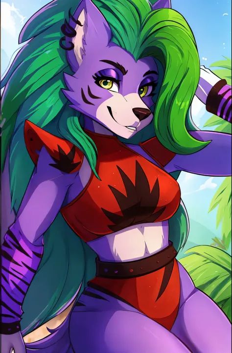 melhor qualidade, fnafroxanne, furry female, pelo do corpo, maquiagem, orelhas de lobo, cauda de lobo, cabelo cinza, cabelo verde, olhos amarelos, crop top