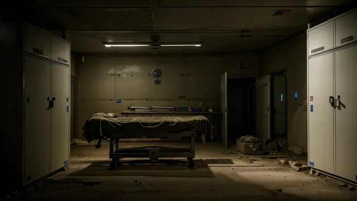 ultra realistic image of a morgue in a military field hospital, noite, ambiente estranho 