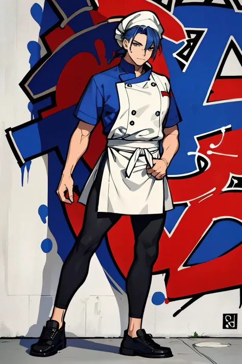 (chef-d&#39;artwork:1.2, best quality), (mur de graffitis:1.15), homme, bonnet, Veste, leggings, yeux bleus, tout le corps,