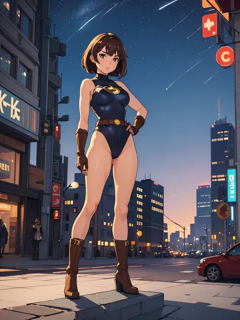 1girl, medium breasts, leotard, bare legs, tight belt, boots, matching boots, gloves, city backdrop, solo, single, hands on hip, standing, full body shot, cowboy shot, superhero, beautiful detailed eyes, mature lady, star symbol on chest, brown hair, bob h...