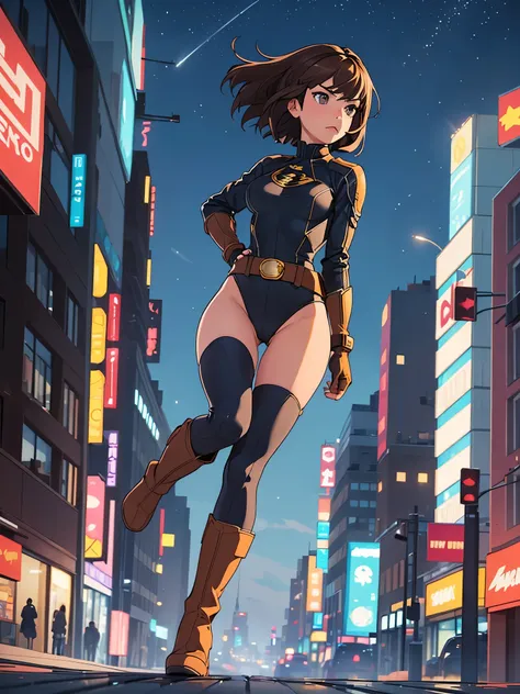 1girl, medium breasts, leotard, bare legs, tight belt, boots, matching boots, gloves, city backdrop, solo, single, hands on hip, standing, full body shot, cowboy shot, superhero, beautiful detailed eyes, mature lady, star symbol on chest, brown hair, bob h...