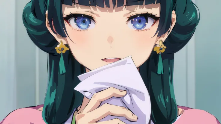 anime girl with green hair and blue eyes holding a napkin, illustrious makinami, misato katsuragi, anime moe artstyle, anime portrait of shiina ringo, nico robin, anime visual of a cute girl, harumi, mitsumayo, yuuka kazami, close up iwakura lain, anime be...