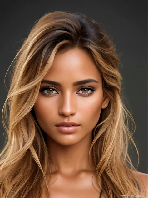 A photorealistic portrait of a stunningly beautiful tanned Brazilian model with light makeup, Photo for the cover of a fashion magazine, Extremely detailed light honey eyes, detailed symmetrical realistic face, Extremely detailed natural texture, peach dow...