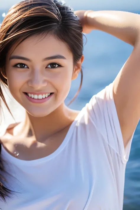 one woman,T-shirt,Wedgie,sexy pose,,wet body,thin,glowing skin,cute face,beautiful face,double eyelid,smile,medium hair,Ocean,evening,Mysterious,high quality,realistic,Japanese,Beautiful woman,gravure,stylish