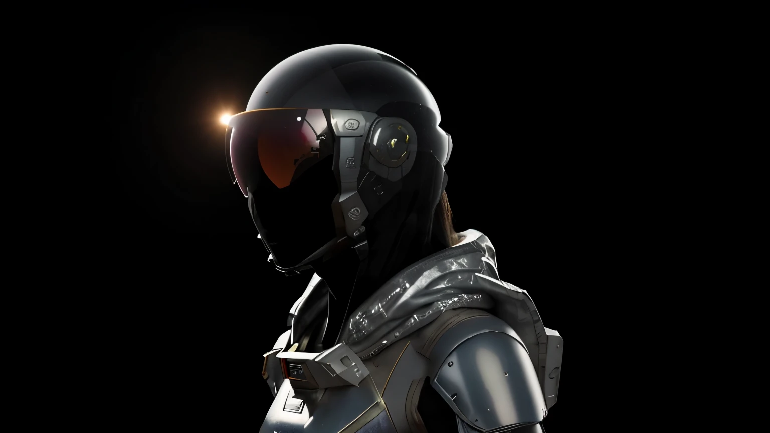 sci-fi fantasy, Beautiful princess in spacesuit and her face covered by a visor, on an alien planet, background distant shot of a large spaceship on a solid black background