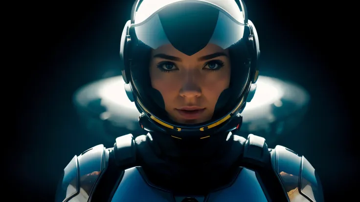 sci-fi fantasy, Beautiful princess in spacesuit and her face covered by a visor, on an alien planet, background distant shot of a large spaceship on a solid black background