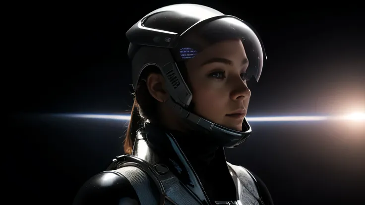 sci-fi fantasy, Beautiful princess in spacesuit and her face covered by a visor, on an alien planet, background distant shot of a large spaceship on a solid black background