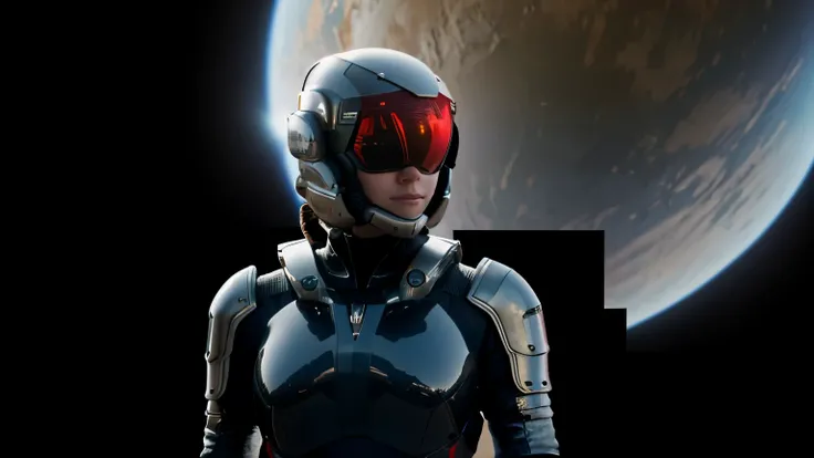 sci-fi fantasy, Beautiful princess in spacesuit and her face covered by a visor, on an alien planet, background distant shot of a large spaceship on a solid black background