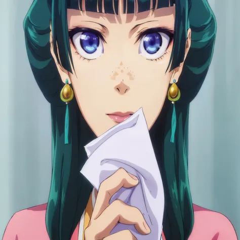 anime girl with green hair and blue eyes holding a napkin, illustrious makinami, misato katsuragi, anime moe artstyle, anime portrait of shiina ringo, nico robin, anime visual of a cute girl, harumi, mitsumayo, yuuka kazami, close up iwakura lain, anime be...