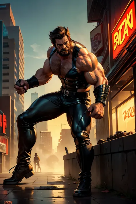 In the heart of a gritty urban scene, Wolverine, the legendary mutant, is a striking figure. Clad in his signature tight leather jacket, the fabric hugs his muscular physique, revealing the bulging power of his biceps. A cigar dangles from the corner of hi...