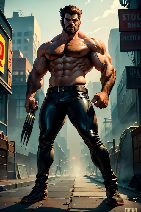 In the heart of a gritty urban scene, Wolverine, the legendary mutant, is a striking figure. Clad in his signature tight leather jacket, the fabric hugs his muscular physique, revealing the bulging power of his biceps. A cigar dangles from the corner of hi...