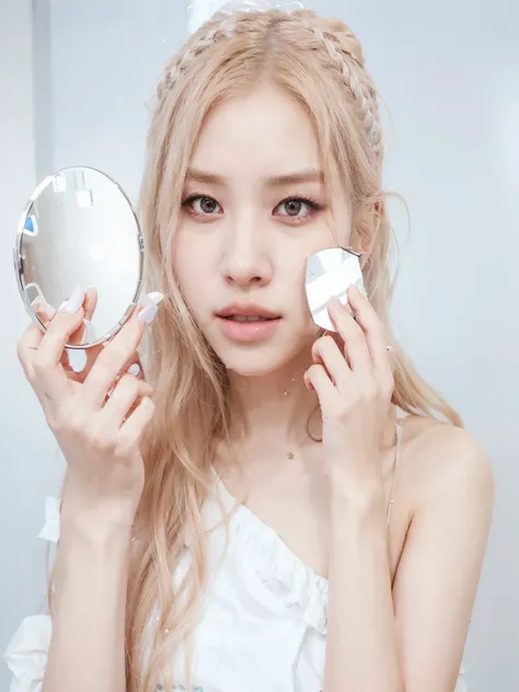 arafed woman holding a mirror and a mirror in her hand, roseanne park of blackpink, portrait of jossi of blackpink, popular south korean makeup, jossi of blackpink, glossy from rain, popular korean makeup, portrait jisoo blackpink, milky white skin, porcel...