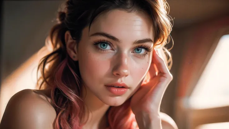 (((ultra realistic))) Photo, masterpiece, top quality, (pale skin), (ultra detailed face and eyes:1.3), 1 girl, adult, In the city of Bra, ((Eye makeup, pink mascara)), ((large detailed lips)), ((pink wavy hair)), ((Stylish hairstyle)) , (Natural breasts),...