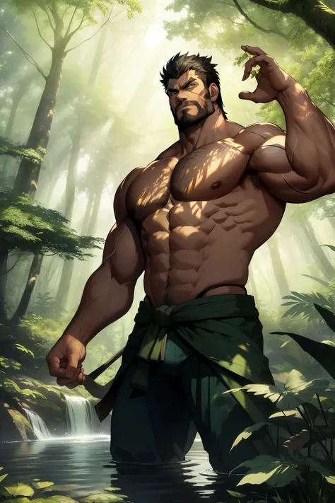 Amidst a serene forest, bathed in the soft glow of twilight, stands a colossal figure. The mighty Wolverine, his muscular frame towering above the trees, flexes his enormous biceps with an air of raw power. His skin, etched with intricate claw marks, glist...