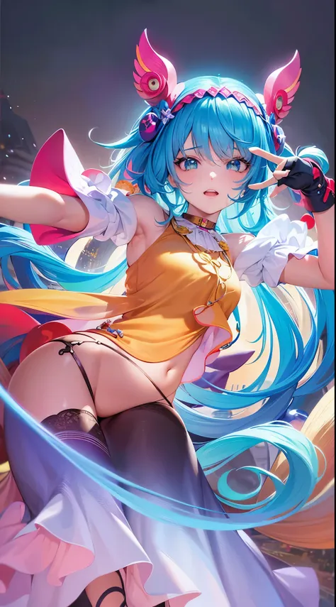 Un primer plano de una mujer anime, pelo azul, monos rosa, vestid amarillo, alegre, coletas azul, magic, manga, , portrait caballeros de la chica del zodiaco, caballeros de la chica del zodiaco, rossdraws dibujos animados vibrantes, extremely detailed germ...