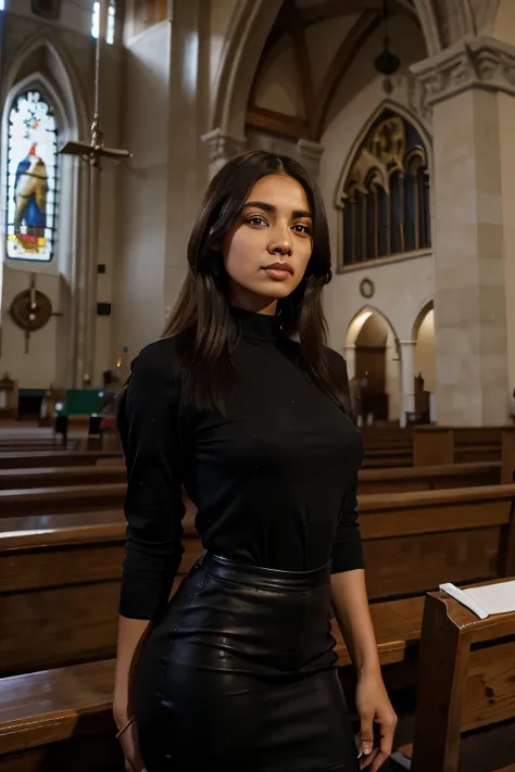 mulher, 26 anos, ultra realista, morena, alta, olhos claros, cabelo preto e comprido, pele negra, pastora da igreja, standing speaking in a church