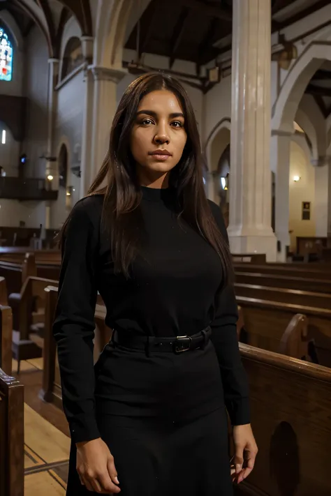 mulher, 26 anos, ultra realista, morena, alta, olhos claros, cabelo preto e comprido, pele branca clara, pastora da igreja, standing speaking in a church