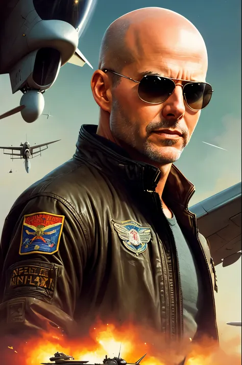 bald Tom Cruise of Top Gun, wearing glasses, no facial har, vhs effect, (poster: 1.2), poster on the wall, nostalgia, movie poster, (skin texture), intricately detailed, fine details, hyperdetailed, ray tracing, subsurface scattering, diffuse soft lighting...