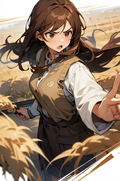 1female, farm clothes, young, female, brown eyes, angry, brown hair, longhair,