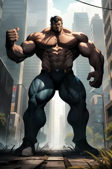 In the heart of a sprawling, industrial cityscape, the iconic figure of Wolverine emerges. His massive form, towering over the urban jungle (1.3), radiates an aura of raw power and strength. The once-mutants menacing presence commands attention, as he rais...