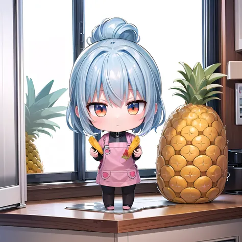 ((Chibi, miniature, REAL, pineapple, 3DCG, Nendoroid, one girl: 1.3)) ,(Masterpiece, almond-shaped eyes, glossy white-blue hair, short chignon hair, top quality, carefully drawn fingertips, beautiful anatomy : 1.4), (full body: 1.3), (Red cheeks, indiffere...