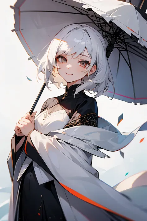 1female, fancy clothes, adult, female, white eyes, happy, white hair, medium hair