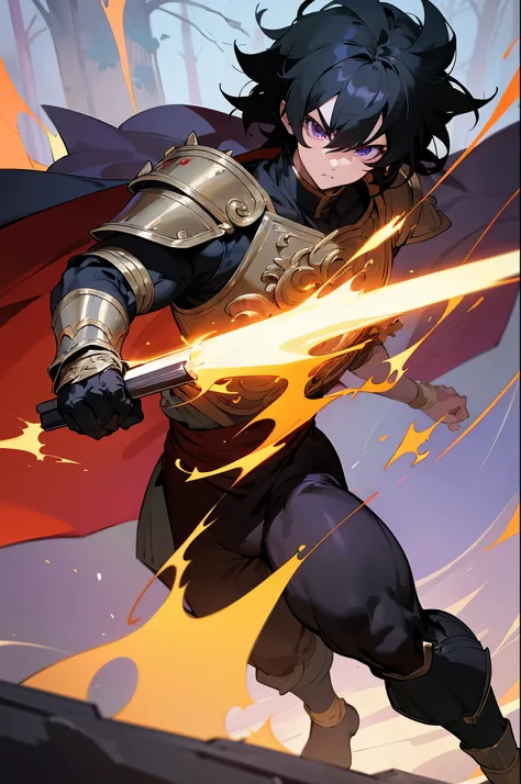 1male, young, black hair, short length hair, black eyes, red beast armor chest plate, black fighting pants, forest, full body, buff muscular, saiyan hair, masterpiece, solo, best quality, finely detailed eyes, intricate details, black and purple cape, deta...