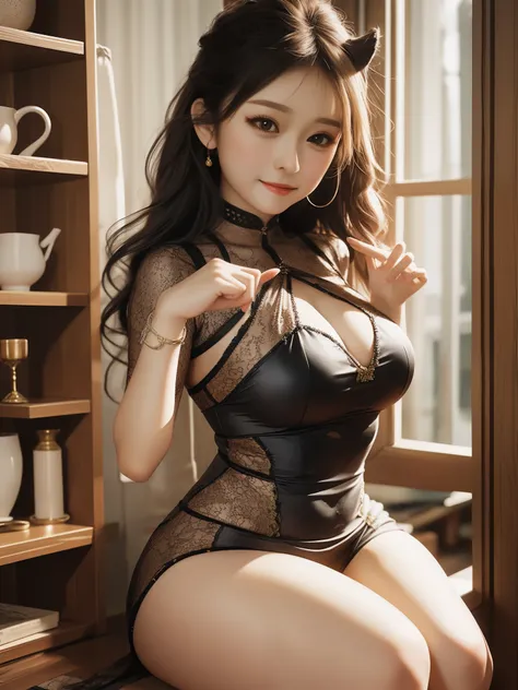 (Dasha Taran),Upper body,Big eyes,small face,China dress,China dress（chai pao),thick body:1.8,huge breasts:1.6,Loose and fluffy curls,Glossy skin,smile