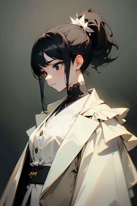 1female, fancy clothes, adult, female, black eyes, sad, black hair, ponytail,