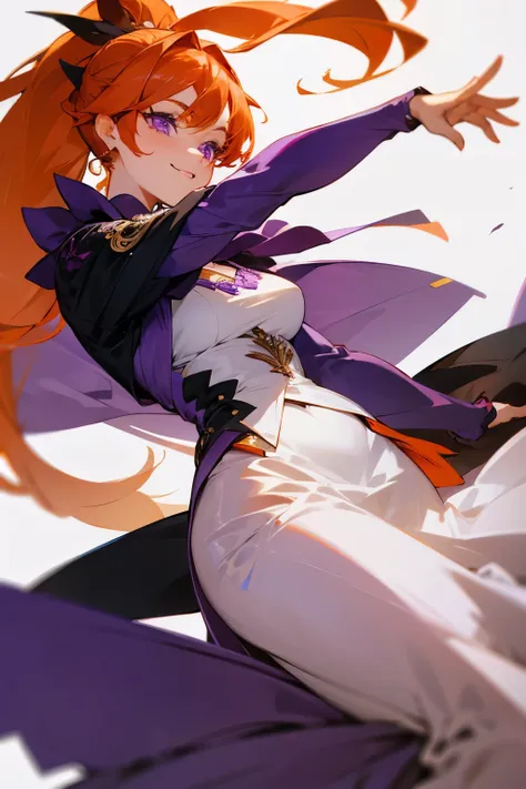 1female, fancy clothes, adult, female, purple eyes, happy, orange hair, ponytail,