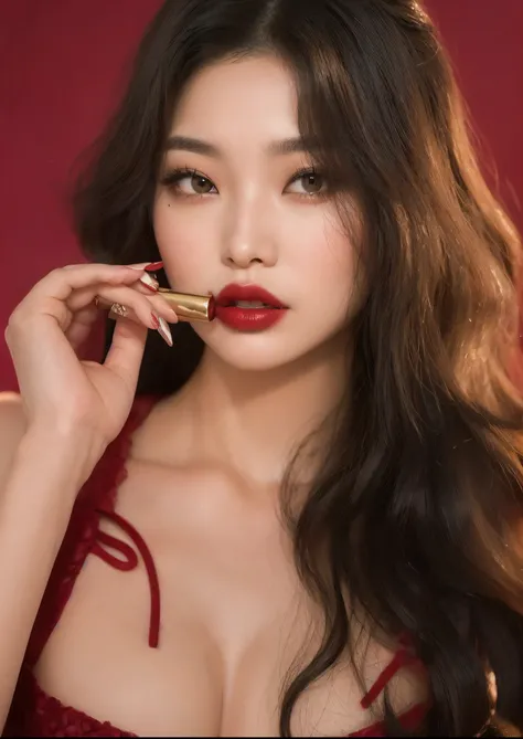 a close up of a woman with a lipstick in her hand, popular south korean makeup, popular korean makeup, deep red lips, thick red lips, red lips, beautiful south korean woman, sexy red lips, blackpink jennie, yanjun chengt, red lipstick, luscious red lips, j...