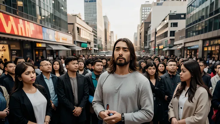 Generate an image depicting Jesus in modern clothing, preaching to a large crowd in a modern city. He is standing in an urban setting surrounded by skyscrapers and a bustling cityscape. Jesus is dressed in contemporary attire, yet exudes a sense of serenit...