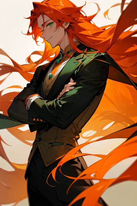 1male, fancy clothes, adult, male, green eyes, happy , orange hair, long hair,