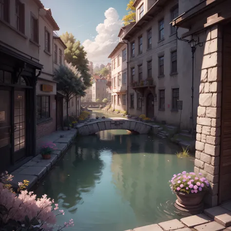 Game architectural design, cartoon, town, stone, brick, meadow, river, flowers, casual game style, 3d, blender, masterpiece, super detail, best quality