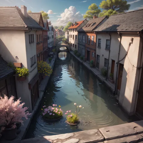 Game architectural design, cartoon, town, stone, brick, meadow, river, flowers, casual game style, 3d, blender, masterpiece, super detail, best quality