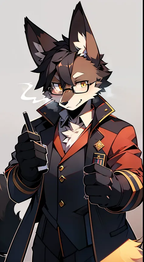 the only person，hairy男性，red fox，canine，Gray-black fur，golden eyes，smokes，detective，vectorial，line art，hairy，black gloves，gold-wire glasses