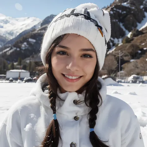 Mujer hermosa, realista, sonrisa bonita, de piel blanca, en la nieve, con gorro, alta, cuerpo completo, cabello negro 