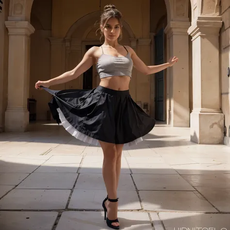 Une belle jeune fille italienne danse en mini jupe, talons hauts et croptop