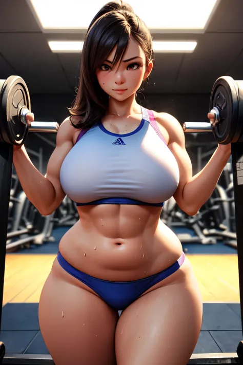 3d, sporty, working-out, very well-proportioned, full-figured, well-rounded girl, fit-tight-body, sweaty skin, gym, dramatic lighting very intricate details, elegant, sharp body lines