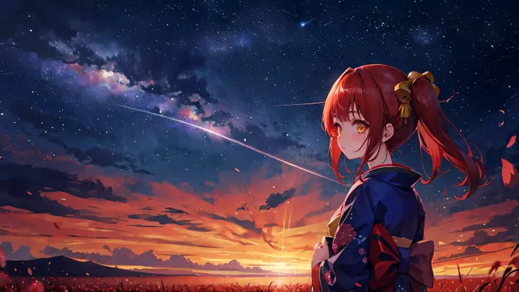 1 chica, distant girl wearing a kimono staring at the estrellas, chica de pelo rojo completo, coletas y pelo liso con flequillo, pelo medio, ojos amarillos, 13yo girl (alejado:1.1), (lluvia de meteoros:1.2), (cometa:1.1), Su nombre, low angle, from behind,...