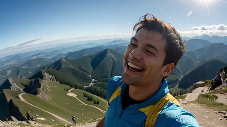 man laughing ecstatically and looking at the sunny sky from the top of a mountain