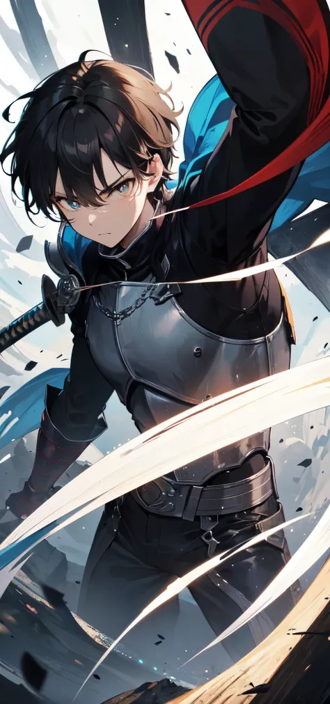 ((masterpiece, best quality)), High resolution, distinct image, (1man), (solo), (male Focus), 25 old man, fantasy knight, wearing a katana, fighting, determination face, Nanatsu no Taizai style, (dark black short hair 1.2), (brown eyes), (white pupils), co...