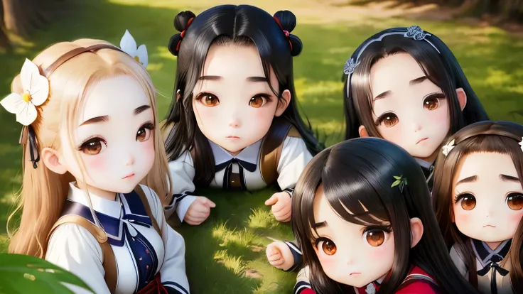 chibigos girls group，Willow leaf arched his eyebrows，Small Eyes，Long black hair。