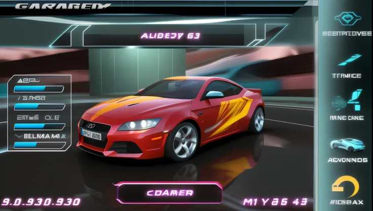 a close up of a car on a screen with a lot of information, games 3 d, 3d graphics, 3 d graphics, ingame, in - game, in-game, 3 dmax, ingame image, outrun style and colours, amazing graphics, 3 d game, need for speed : carbon, game screenshot, mobile game s...