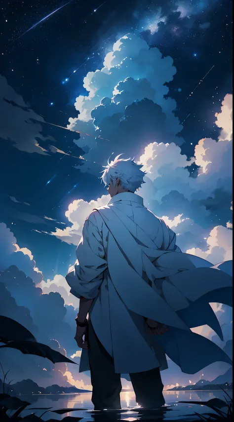 Anime style, a person with their back turned, looking at a large white and fluffy cloud that floats above the ground. night, bright stars, moonlight to the left, magical and ethereal representation of the cloud and the starry sky. striking contrast, soft l...