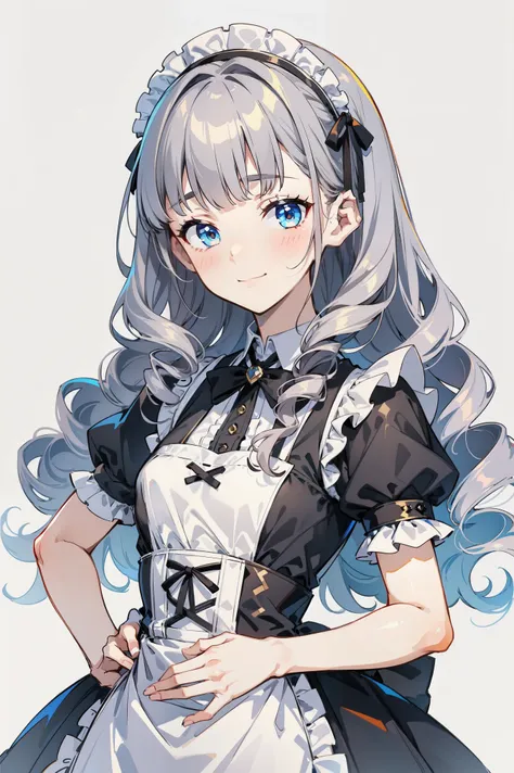 masterpiece, best quality, ultra high quality, 1girl, solo, young with long hair, curly hair, gray hair, blunt bangs, small breasts, neutral, kind smile, onee-chan, wearing a victorian white dress, maid, victorian dress, apron, leggings, black pantyhose, (...