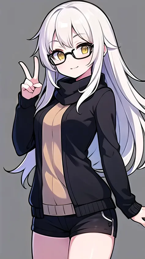 A young woman with long white hair, black round glasses, yellow eyes, wearing a black sweater. Wear black shorts Put on a black striped scarf and make two fingers