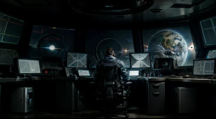 wide shot of a sci fi room with dozens of high tech computers showing outer space, in the background. a man overlooking this room in a control room