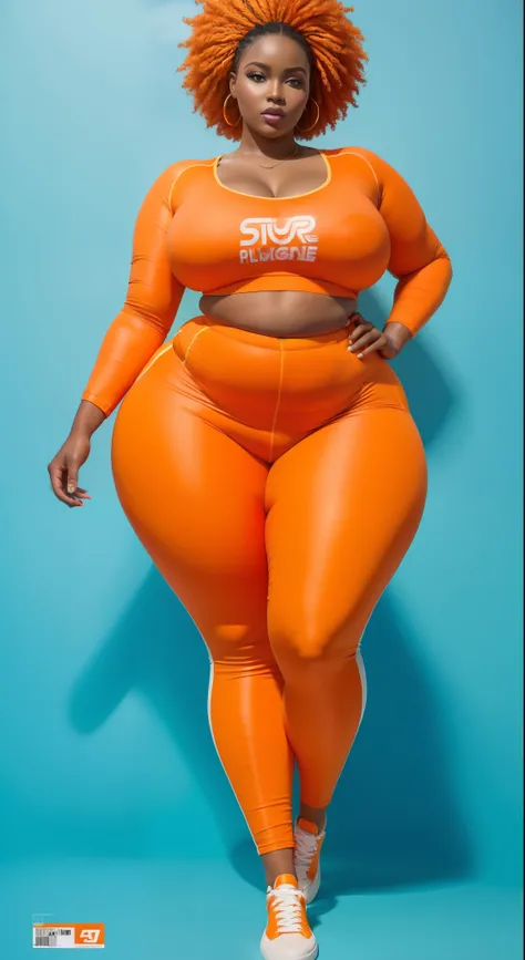 "An ultra-detailed 8k masterpiece of better quality and high saturation well focused. The image features an outfit illustration featuring a stunning stunning plus size African beauty woman wearing a super tight orange leggings outfit including super tight ...