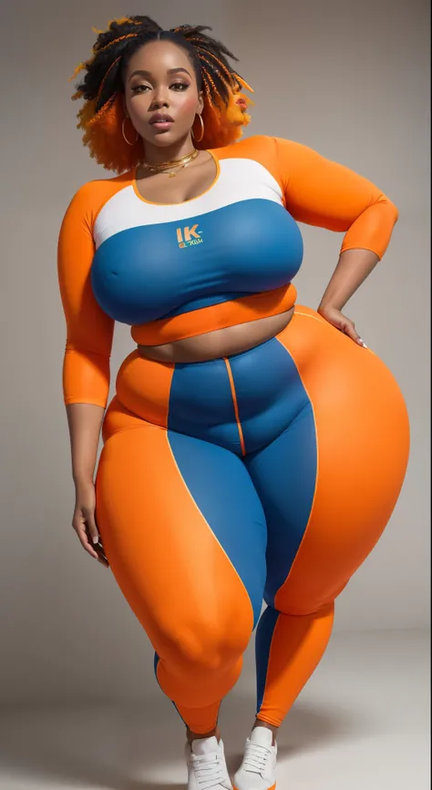 "An ultra-detailed 8k masterpiece of better quality and high saturation well focused. The image features an outfit illustration featuring a stunning stunning plus size African beauty woman wearing a super tight orange leggings outfit including super tight ...